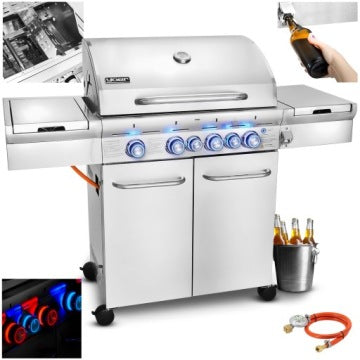 Yoer 4+2 21,15 kW — nierdzewny grill gazowy z żeliwnym rusztem i szafką